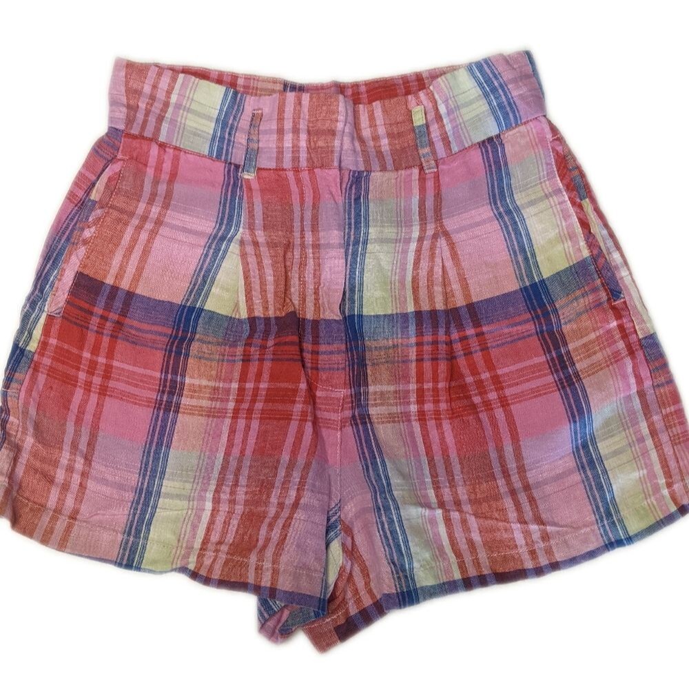 C&C California 100% linen pink white & blue plaid shorts, size 6